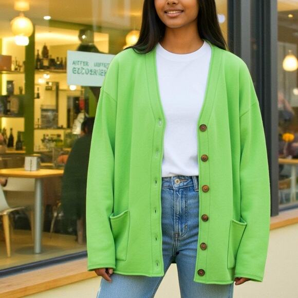 Real Clothes SAKS FIFTH AVENUE SFA Lime Green Fleece Boxy Cardigan - Size 2X - Picture 1 of 7
